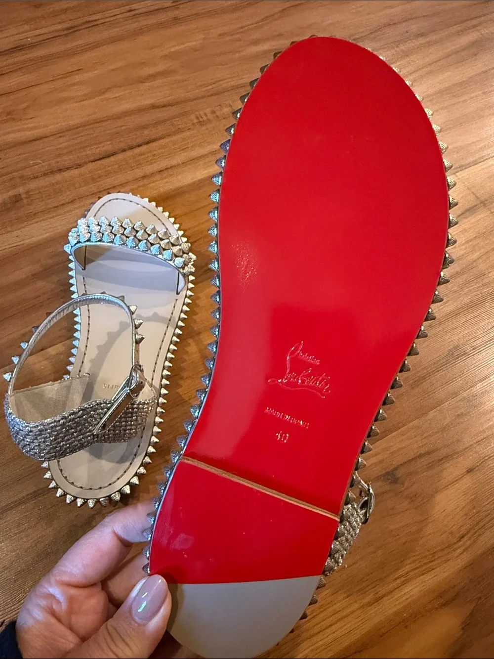 Christian Louboutin Silver Studded Leather Ankle-Strap Sandals size 40